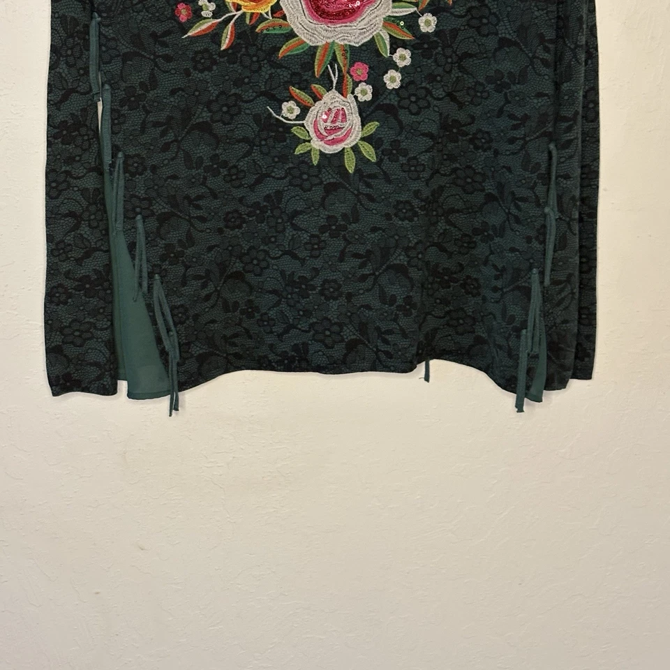 Suéter DESIGUAL Mujer XL Manhattan Floral Encaje Flecos Verde Cuello en V Lentejuelas Foto 4 de 4
