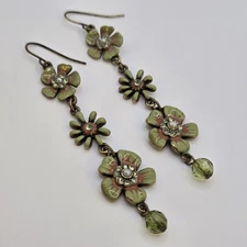 Vintage Victorian Revival Chandelier Earrings Green Enamel and Brass Dainty