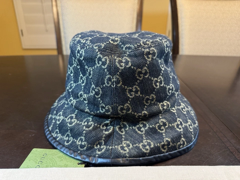 New Gucci GG Supreme Logo Denim Black Gray Bucket Hat Size S - Image 4 of 4