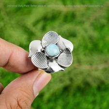 Valentines Sale Larimar Stone Boho Flower Stackable Ring Jewelry Sterling Silver