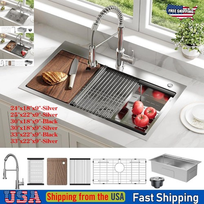 #ad #ad Drop in Kitchen Sink Stainless Steel Single Bowl with without Faucet Workstation $287.44