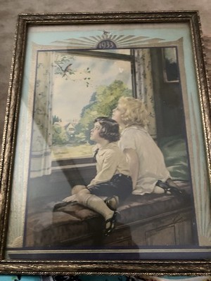 Vintage Framed Picture Of Children And Bird Vintage Frame 
