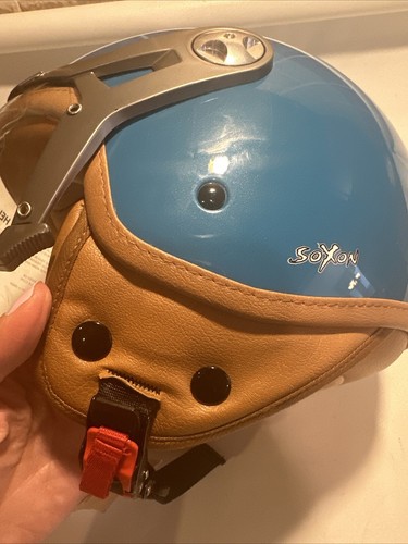 Soxon Blue Leather Open-Face Motorcycle Helmet Scooter S Trim Piece Missing - Picture 11 of 18