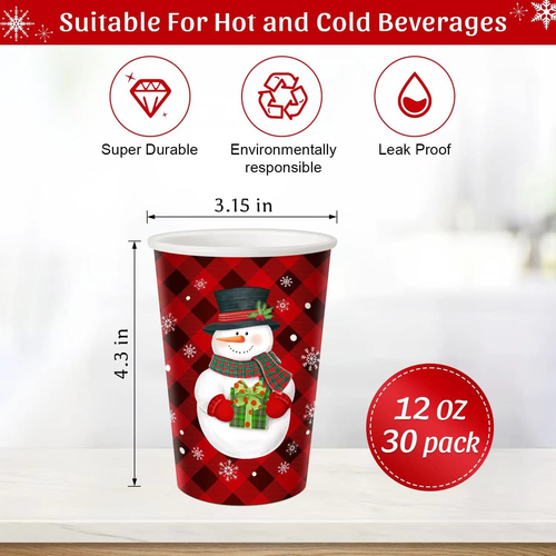 Christmas Disposable Paper Cups, Snowman Red and Black Buffalo Plaid Cups for... - Picture 4 of 7