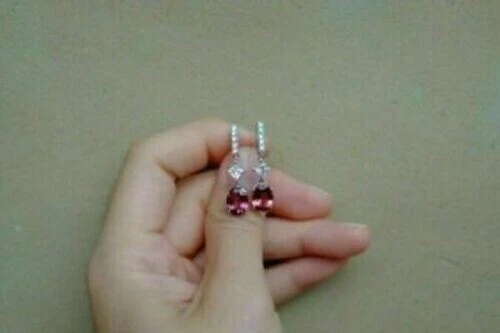 Pendientes colgantes/gotas de turmalina rosa corte ovalado de 4 quilates para mujer acabado en oro blanco de 14 quilates Foto 2 de 3