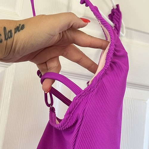 NEW Xhilaration Size S (0/2) Ribbed. Ruffle Straps. One Piece Swim Suit. Fuchsia - Picture 3 of 11