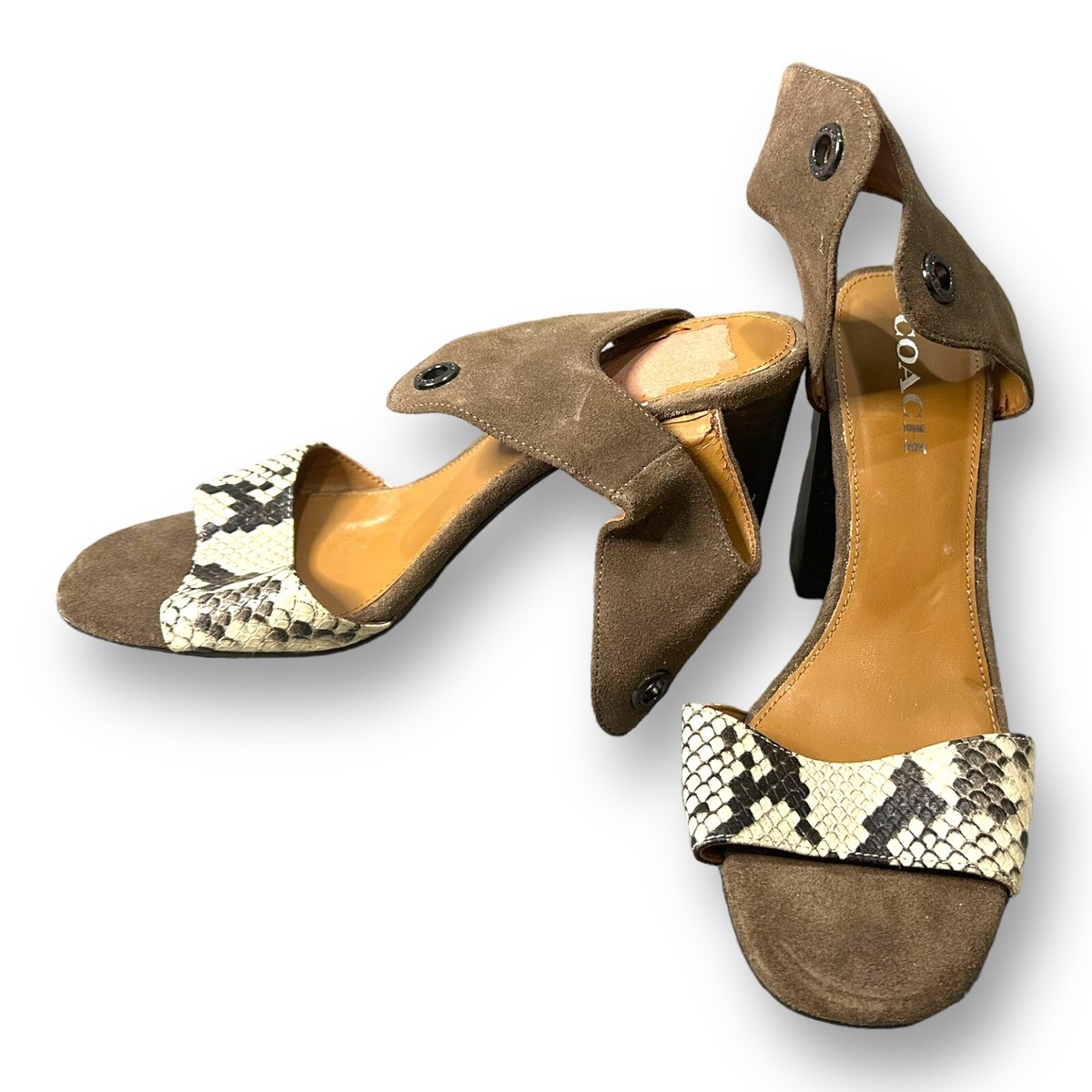 COACH womens Shoes BROWN Heels Leather 3” block heel pumps open toe  sandals