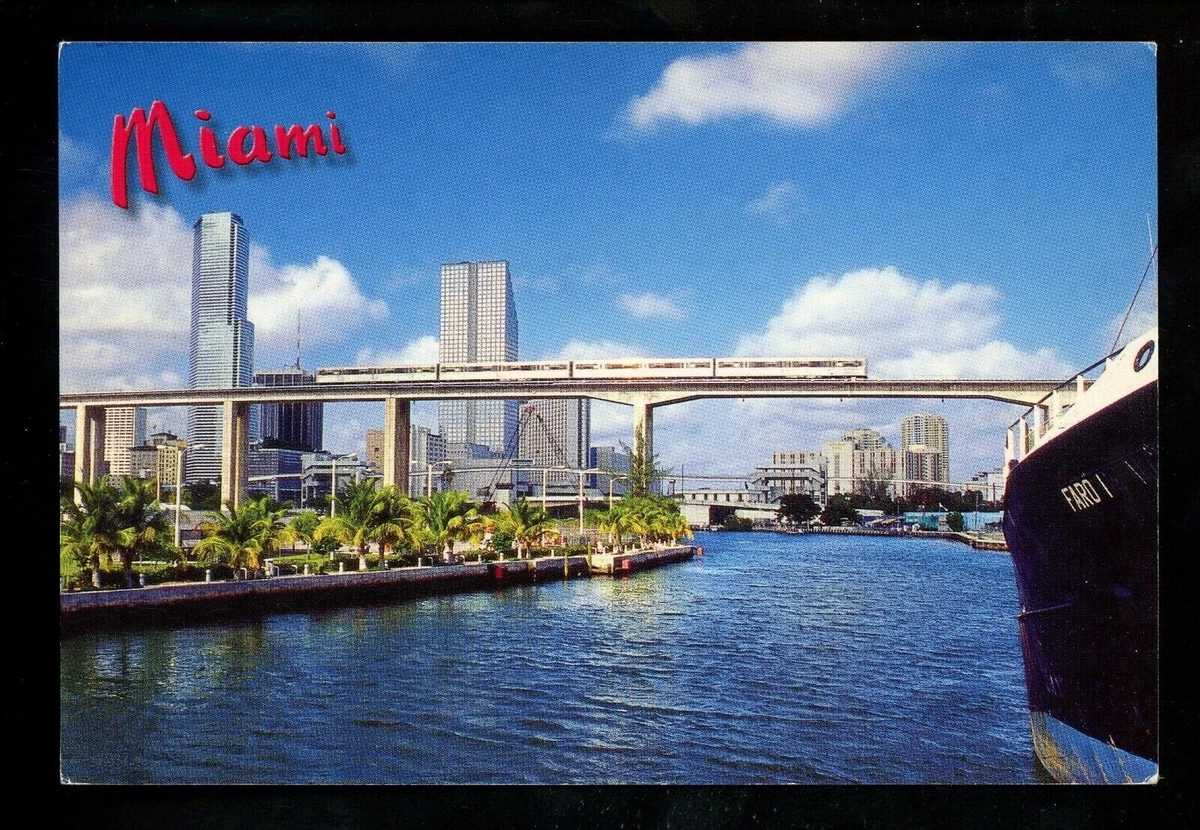 Florida FL postcard Miami downtown view river bridge boat chrome