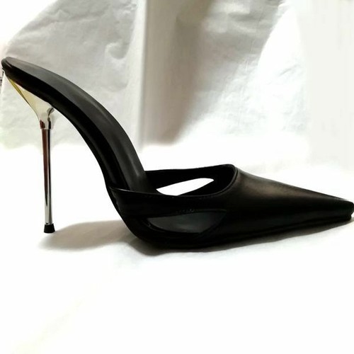 Womens High Metal Heel Mules Slip On Pointy Toe Pu Leather Shoes Stiletto  Party | eBay