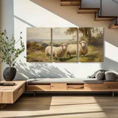 3pcs Two Sheep in Meadow Scene Metal Print Ready to Hang Art