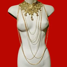 GOLD CHAIN & STARS LACE BODY JEWELRY necklace harness yoke choker bib top Y3