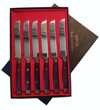 VTG ROWOCO France 6 Pc Steak Knife Set Brass & Wood Handles 8" Knives w/ Box