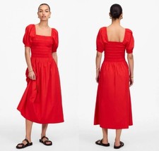 Madewell Women's Poplin Smocked Puff Sleeve Midi Dress NV027 Cerise Size M EUC