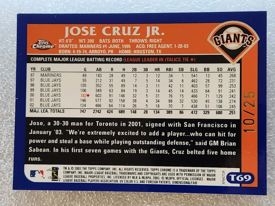 T69 JOSE CRUZ JR 2003 Topps Chrome X-FRACTOR XFRACTOR REFRACTOR 10/25 GIANTS - Image 2 of 2