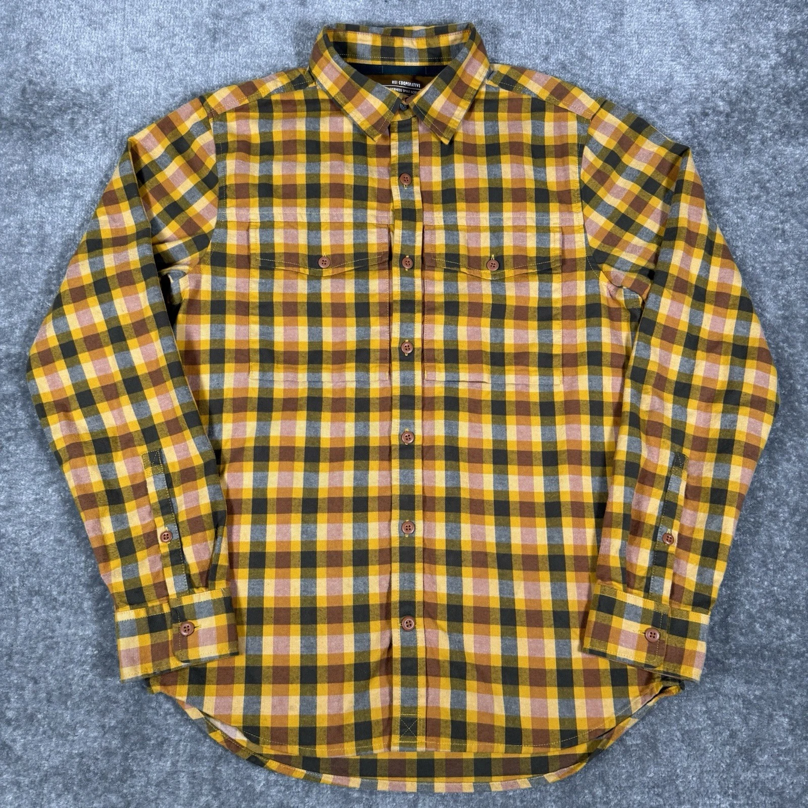 REI Shirt Men’s Small Yellow Plaid Wallace Lake Flannel Button Up Outdoor Hiking