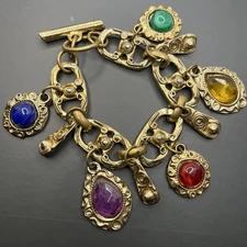 Victorian Revival Unsigned Chunky Gold Bold Charms Bracelet Vintage Cabochon