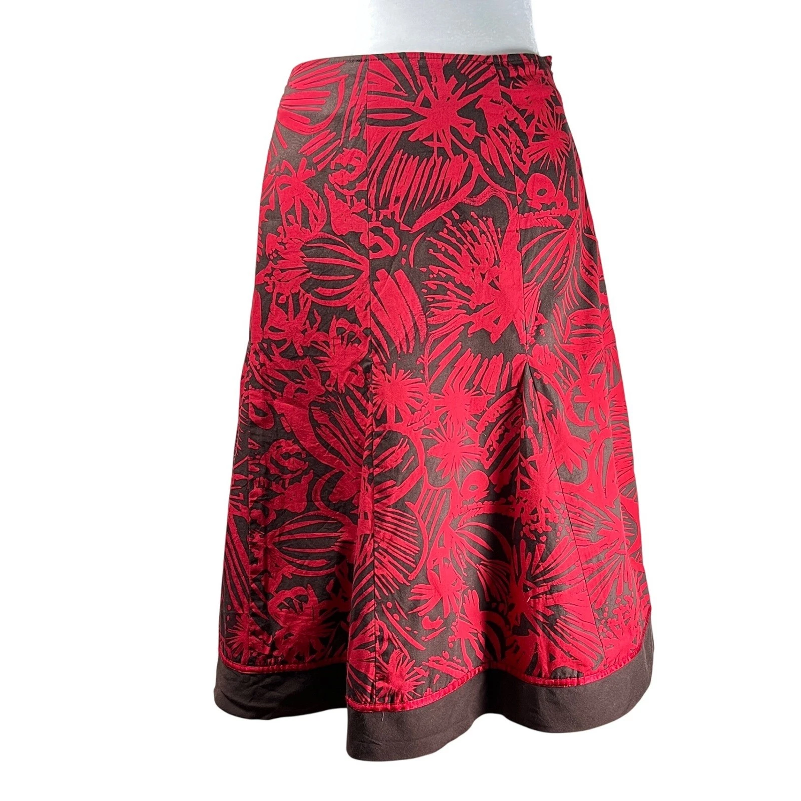 Vintage Cotton Floral A Line Skirt Womens Size 12 Red Brown Print Boho