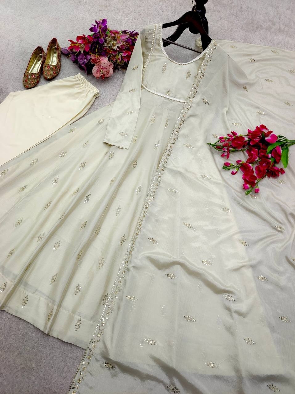 Presenting Pure Chinon Silk Off White Gown Bottom With Dupatta For Women Wear thumbnail 7