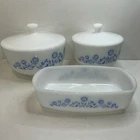 VTG Federal Blue Cornflower & Butterflies Milk Glass Ovenware Bowls Lid Loaf Pan