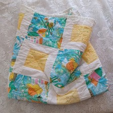 VTG PATCHWORK BABY QUILT APPROXIMATELY 34" X 35.5" TROPICAL THEME/YELLOW SQUARES