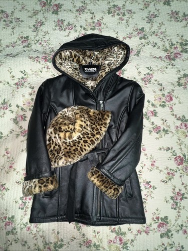 WILSONS Jacket Youth Girls Size M Black Leather Coat Hood Hat Leopard Cheetah - Picture 1 of 17