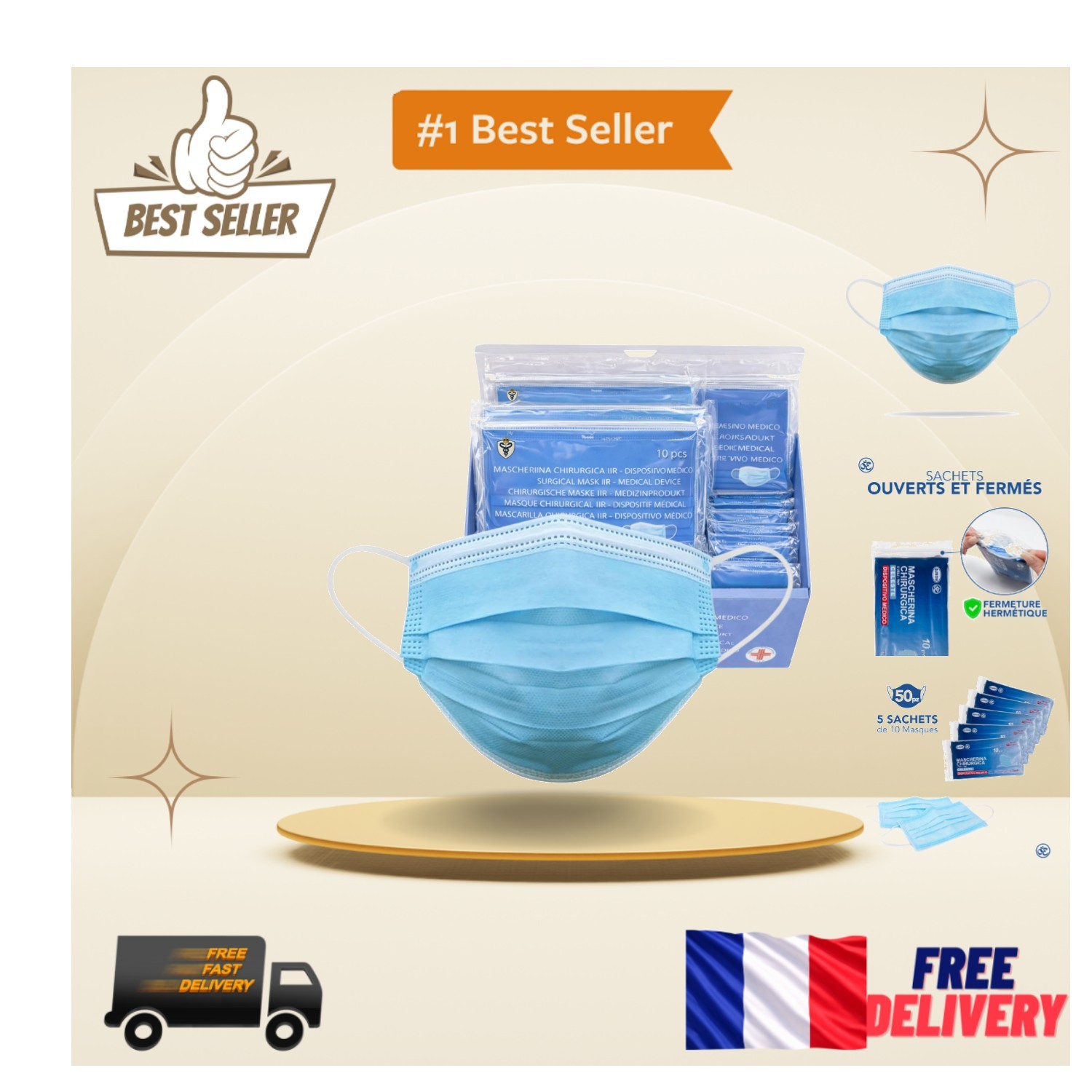 Masques chirurgicaux bleus type IIR jetables triple épaisseur boite de 100