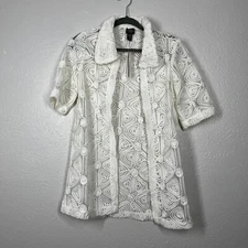 Chico's Travelers Collection White Braided Stitch Open front Short Sleeve Jacket