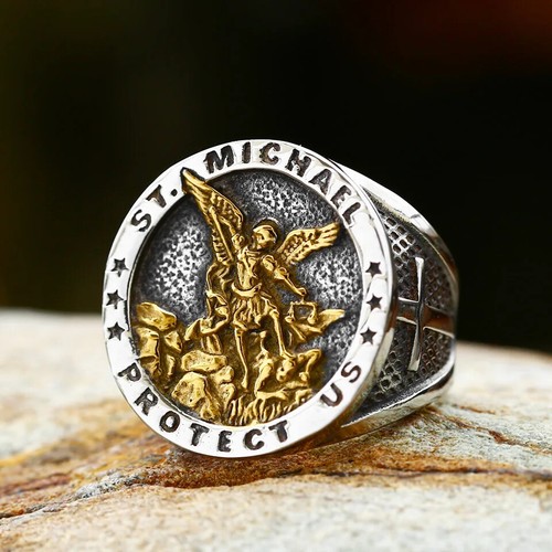 Medaglia Arcangelo Acciaio Inox Croce Cattolica Anello Uomo San Michele Unisex - Foto 13 di 25