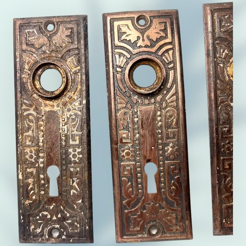 LOT OF 6 ANTIQUE DOOR Knob Back Plates CORBIN “CANTON” WROUGHT STEEL 1895 5.5” - Picture 5 of 8