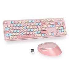 Pink Keyboard and Mouse Wireless Cute Colorful Typewriter Keyboard Full-Sized...