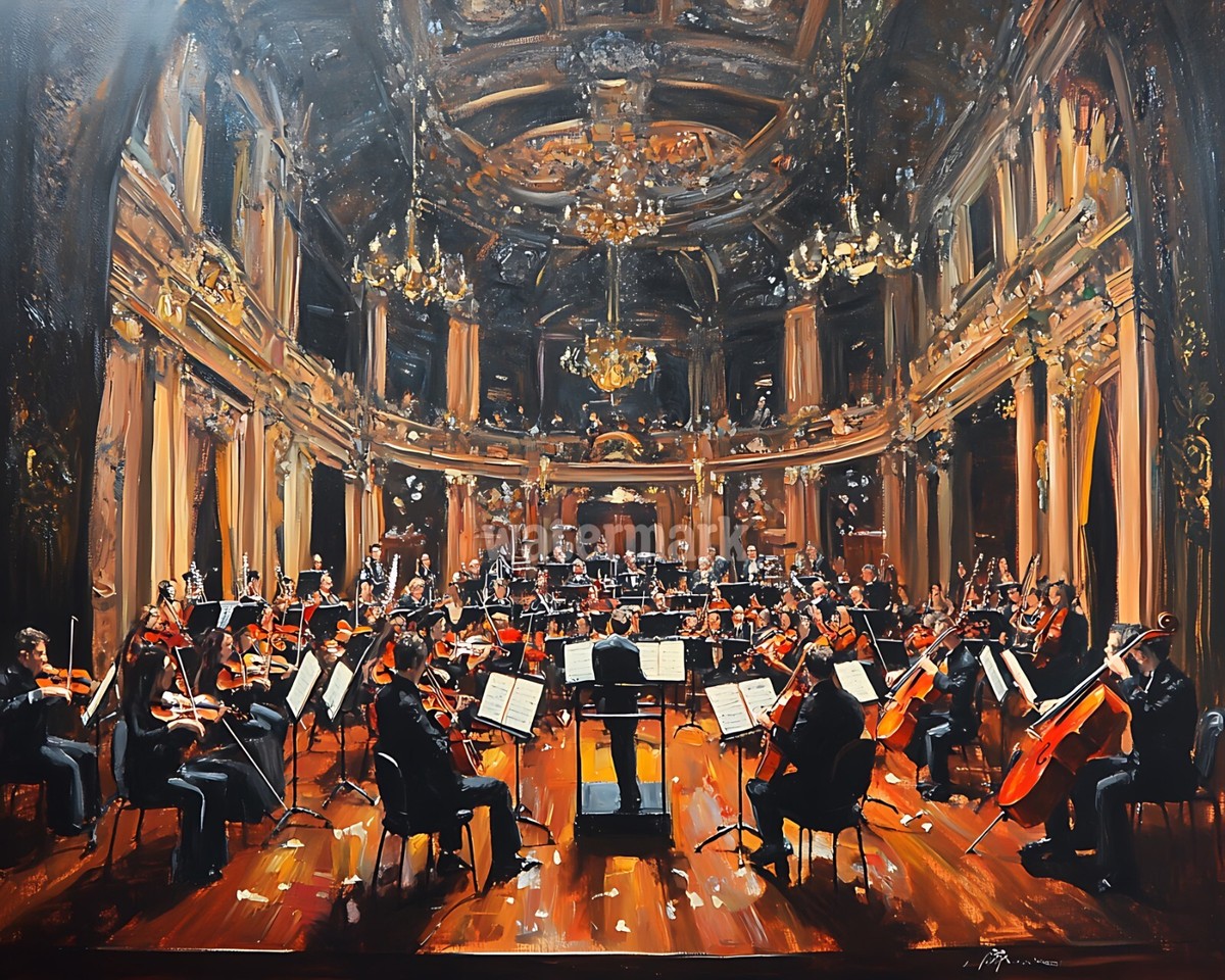 Victorian concert hall with a live orchestra oil Painting 8x10