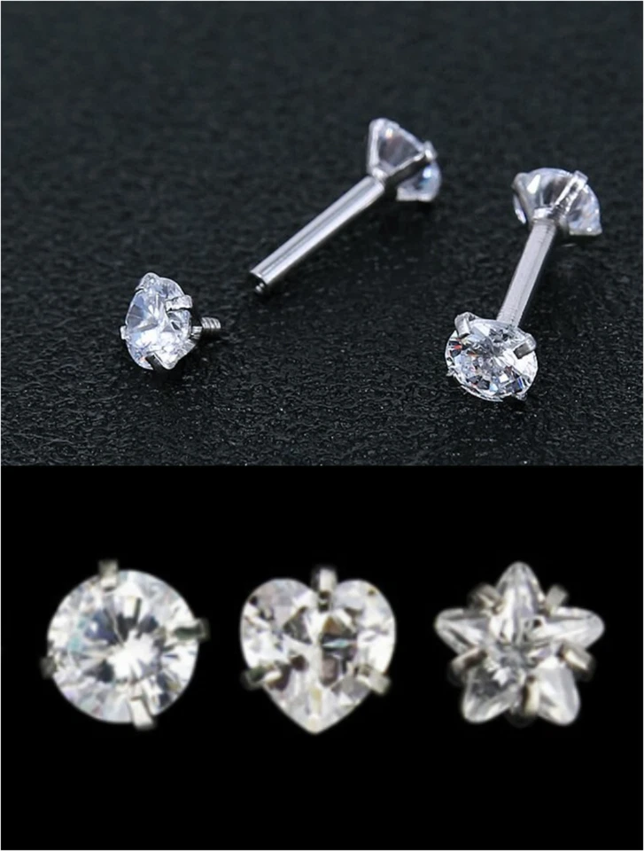 piercing orecchino trago cartilagine lobo doppio zircone a stella cuore tondo. - Immagine 3 di 4