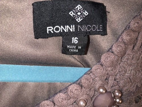 Brown Dress Women’s 16 Crochet Lace Overlay Sleeveless Gem Neckline Ronni Nicole - Picture 4 of 6