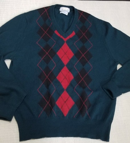 Vintage Nieman Marcus Green Argyle V Neck Wool Sweater Sz L ENGLAND MADE - Picture 5 of 7