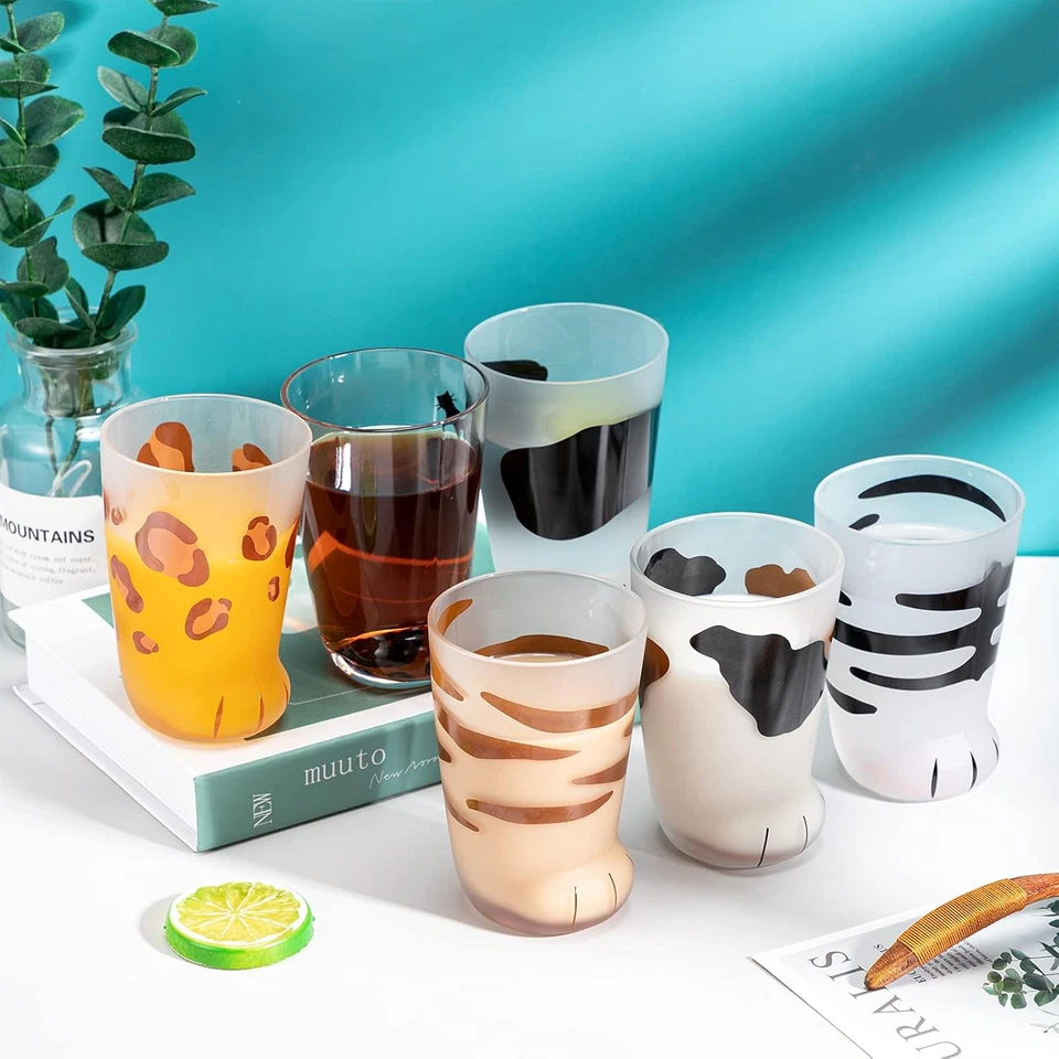 Tazas de pata de gato 6 piezas, taza de vidrio con garra de gato Kawaii, taza de café con estampado esmerilado, pie Foto 2 de 4