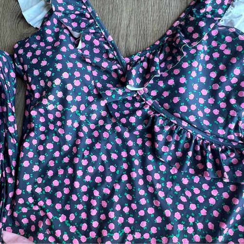Aerie 2XL NWT one piece swimsuit floral blue pink Waist Tie Ruffle flattering - Picture 3 of 6