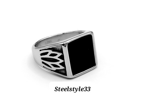 MEN'S CHUNKY SIGNET WITH BLACK ONYX GEMSTONE STAINLESS STEEL 316L RING - Picture 8 of 11