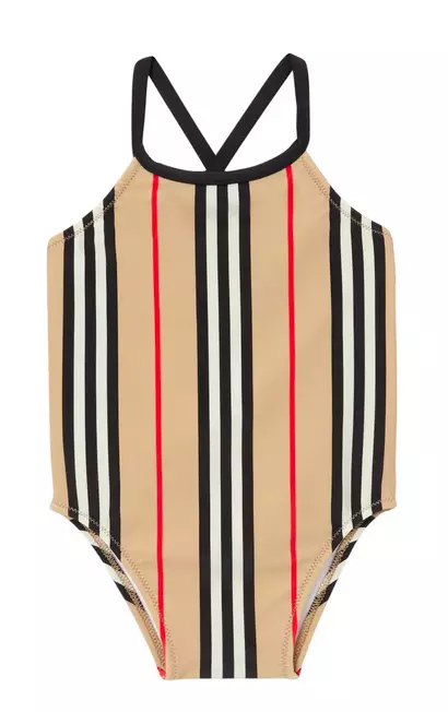 Burberry Baby Girl Crina Iconic Stripe One Piece Swimsuit Beige Sz