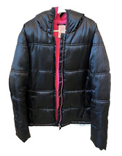Girls Black Puffer Jacket/Coat Size L 10-12 Lightweight with Pink Fleece Lining