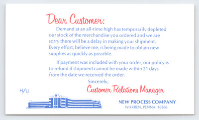 1978 New Process Company Postal Card Warren PA Merchandise Delay Letter