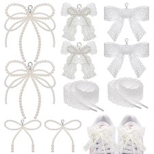 Draupnir 8 Pcs Pearls Lace Bow Shoe Charms For Sneakers Large, White