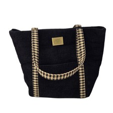 LONGABERGER HOMESTEAD SMALL BLACK CORDUROY KHAKI GINGHAM CHECK TOTE PURSE