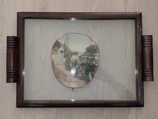 Antique Japanese Painted Colours Beauties Photo Silk Fan Glass Wooden Tray Plate