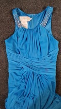 DAVID'S BRIDAL long beaded u neck dress with ruched waist color: pacific SZ 2
