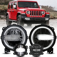 9'' LED DRL Headlights 4" Fog Lamp Combo For Jeep Wrangler Sahara Rubicon 2018 