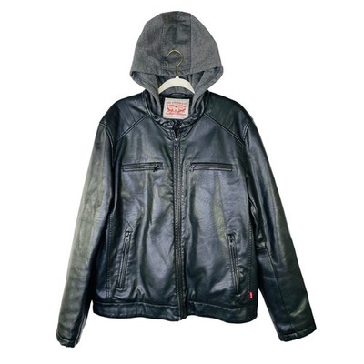 Levis Mens Faux Leather Hooded Racer Jacket Black Moto Quilted