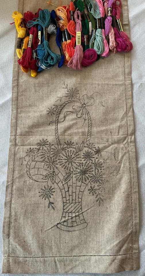 Vintage Irish Linen Table Runner To Embroider & Selection of Threads - Image 2 of 4