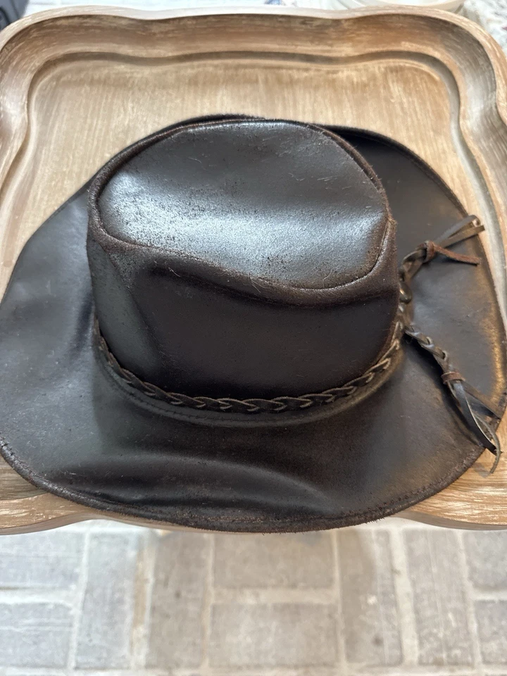 Sombrero vaquero Outback vintage mexicano de cuero genuino XL hecho a mano marrón Foto 3 de 4