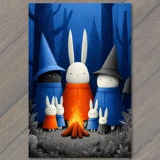 Art Print Rabbits Wizards Campfire Forest Night Blue Orange Cute Whimsical