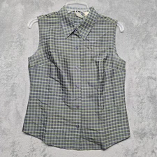 GAP Top Womens Sz Small Blue Green Plaid Silk Sleeveless Blouse Button Front